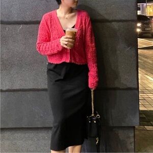 Zara Women's Vibrant Pink Cropped Crochet Cardigan with Jewel Buttons